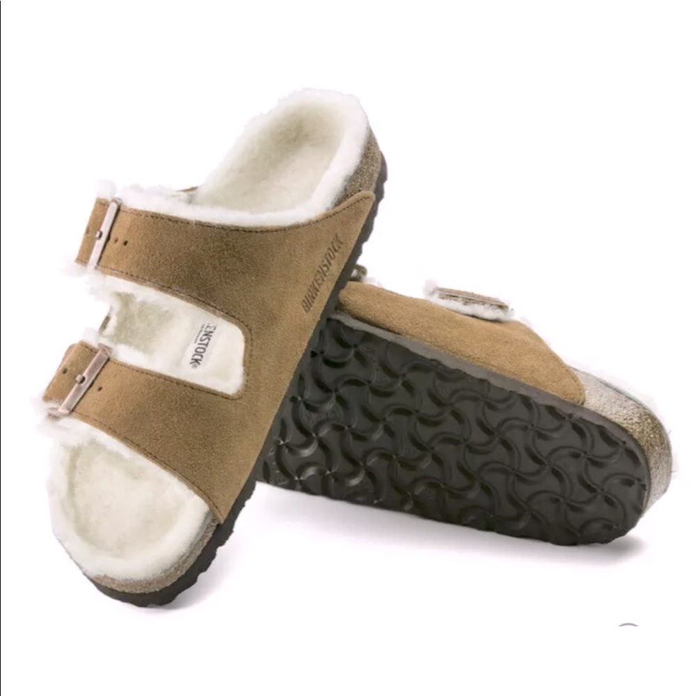(NIB) Birkenstock Arizona Shearling Tan Slides EUR 41 Fuzzy
